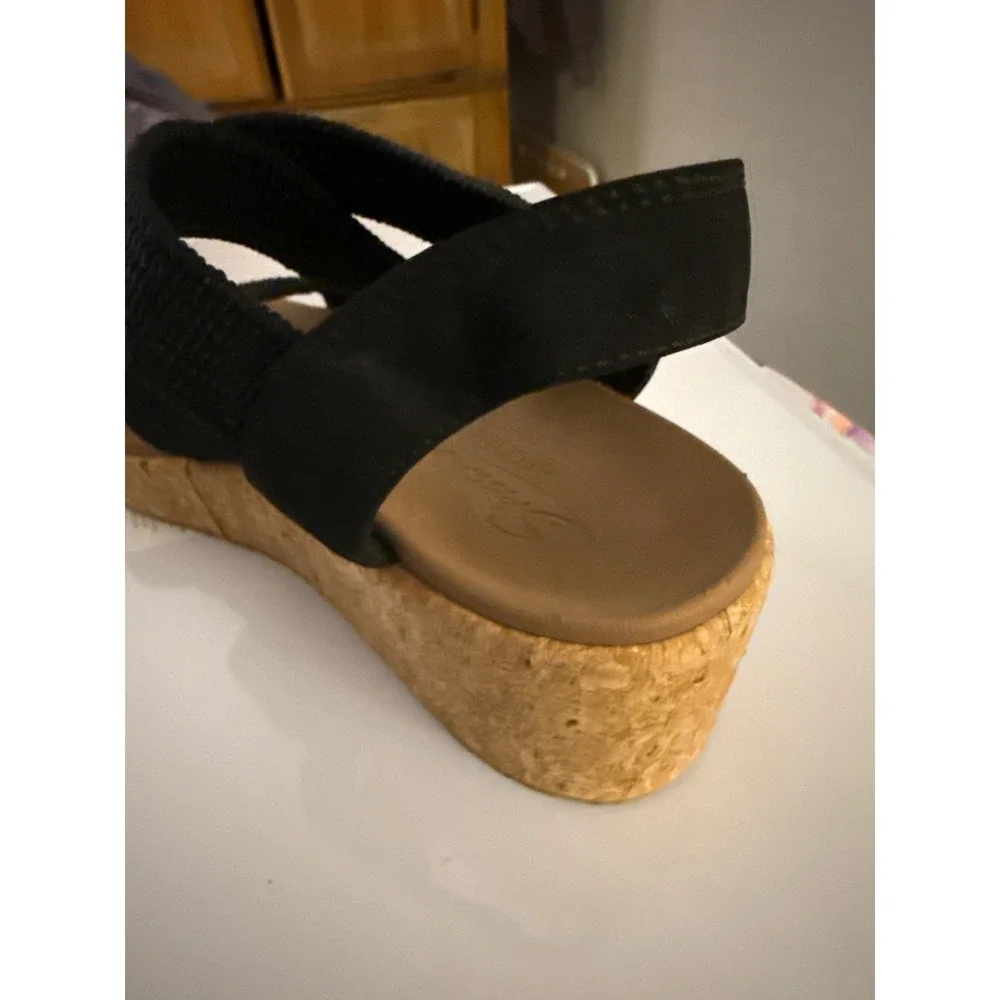 Skechers Black Elastic Strap Cork Wedge Sandals